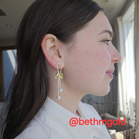 Gold Bow Pearl Dangle Earrings - Picture 12 of 14